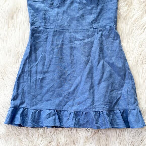 REFORMATION Desiree Linen Mini Dress Ruffle Sweetheart Bustier Tie Strap Blue - Picture 8 of 15